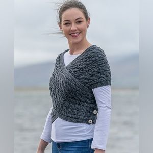 Merino Aran Cable Crossover Wrap with Buttons